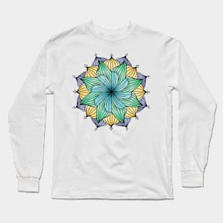 Blue, Green and Yellow Floral Mandala Long Sleeve T-Shirt